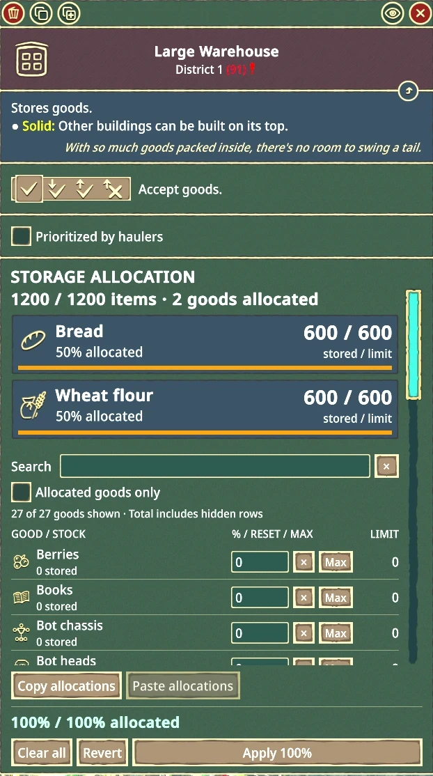 The Storage Allocation panel on a large warehouse: summary cards for Bread and Wheat flour at 50 percent each, a search box right beside its label, per-good percentage boxes with Max buttons, and Copy, Paste, Clear, Revert and Apply controls.