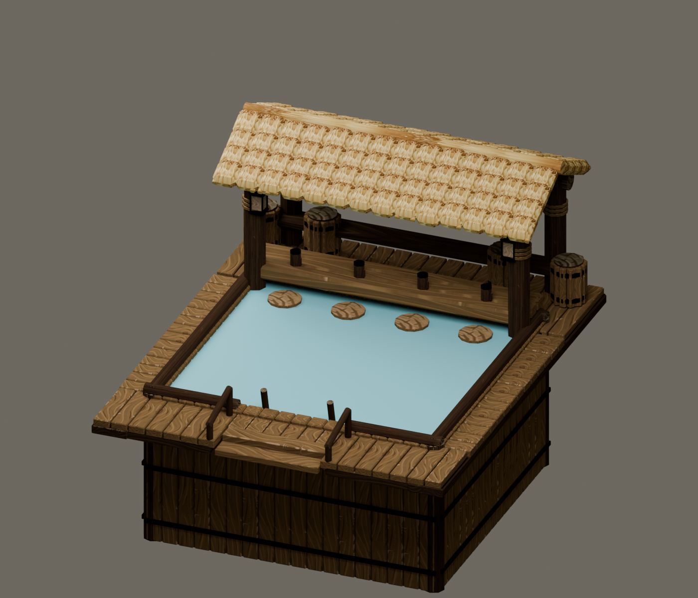 Timber-and-thatch pool bar with four swim-up stools, a low counter and entry steps
